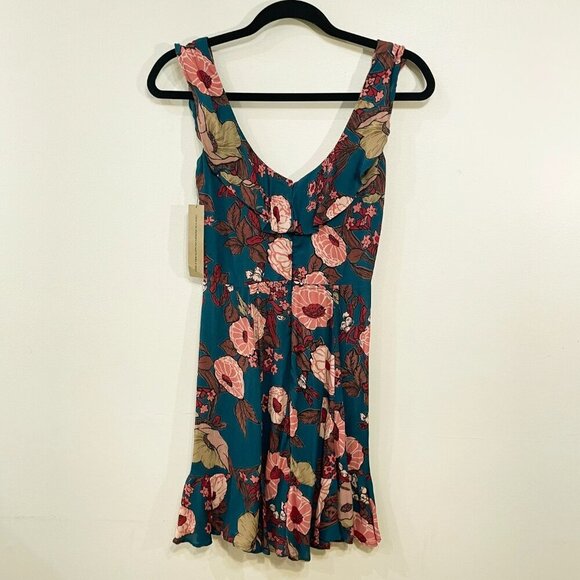 New Reformation Perla Floral Ruffle Mini Dress Teal Pink 0 $218 - Picture 3 of 6